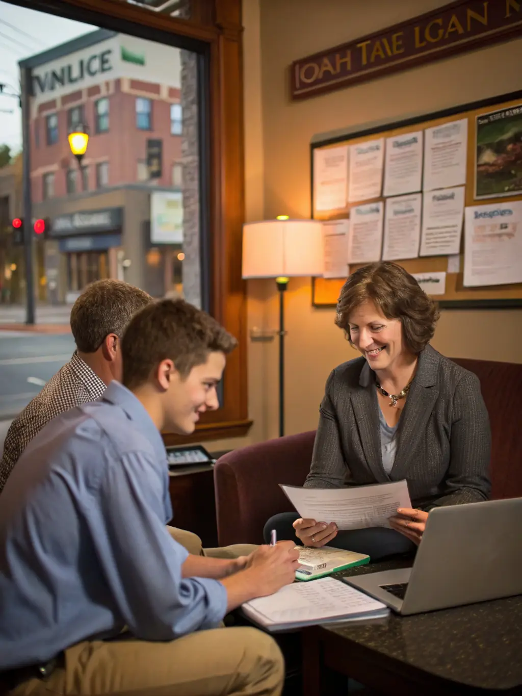 An image of a small business owner reviewing documents with a loan officer, representing growth and opportunity.