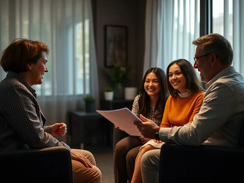 A Filipino family happily gathered around a table, reviewing loan documents with a Call For Money Lending Investor Inc. representative, symbolizing financial planning and support.